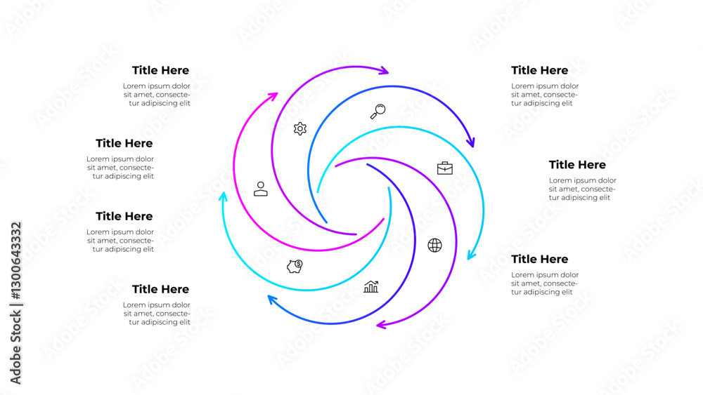 Poster Line infographic diagram featuring a circular workflow with 7 arrows and icons. Business concepts showing growth, finance, and planning, symbolizing continuous improvement and strategic processes