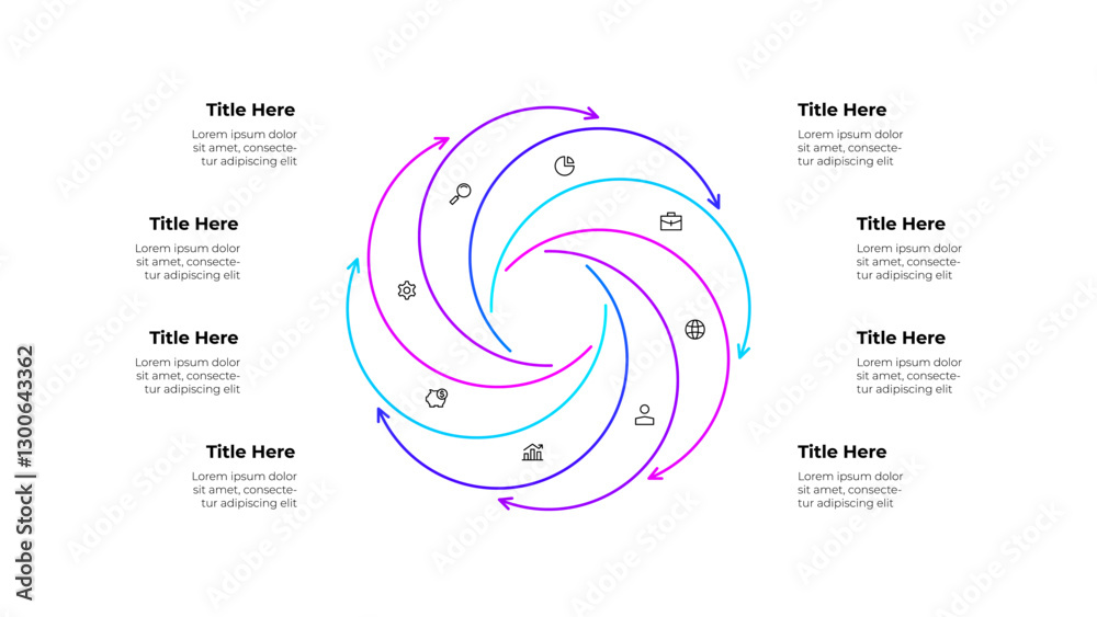 Poster Line infographic diagram featuring a circular workflow with 8 arrows and icons. Business concepts showing growth, finance, and planning, symbolizing continuous improvement and strategic processes