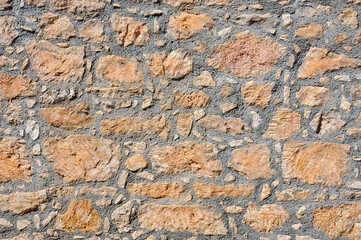 A rugged stone wall featuring an array of natural rocks and textured surfaces, showcasing an authentic rustic appearance. This image is perfect for use in architectural designs or historical themes.