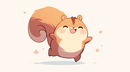 Cute cartoon squirrel joyfully jumping with a cheerful expression against a soft pastel background