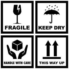 Packaging symbols set with text or words, Fragile, Keep Dry, Handle with Care, This Way Up. Essential icons for safe shipping and handling instructions. Black color line vector design.