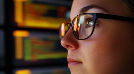A cybersecurity analyst intently observes multiple glowing screens filled with intricate code while reflections dance in their glasses, creating a digital ambiance