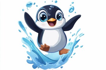 Obraz premium Cute cartoon penguin joyfully splashes in crystal clear water while playfully leaping into the air