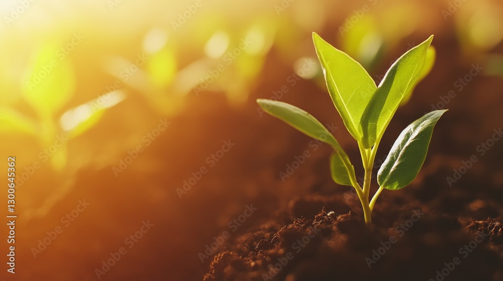 Poster a delicate sapling breaks through dark soil, illuminated by warm sunlight, with soft blurred greener
