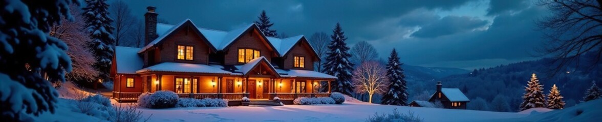 Luxury mansion shines under magical Christmas fairy lights, winter, mansion
