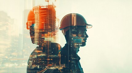Future building construction engineering project concept with double exposure graphic design, building engineer, architect people or construction worker working with modern civil equipment.