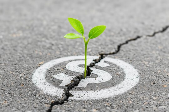 A green plant grows through a crack in concrete, symbolizing resilience and financial growth.
