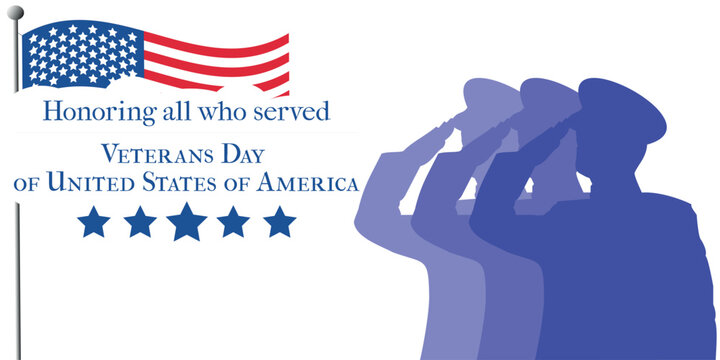United States of America Veterans Day, honoring all who served, USA flag, military silhouettes, vector illustration