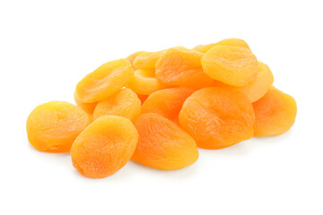 Heap of tasty dried apricots on white background