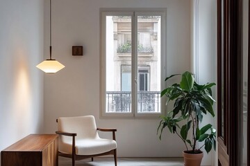 Bright and airy interior of a modern living space featuring a cozy armchair and a lush green plant in a sunny corner