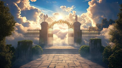 Majestic afterlife entrance with gates of heaven leading to a meeting with God