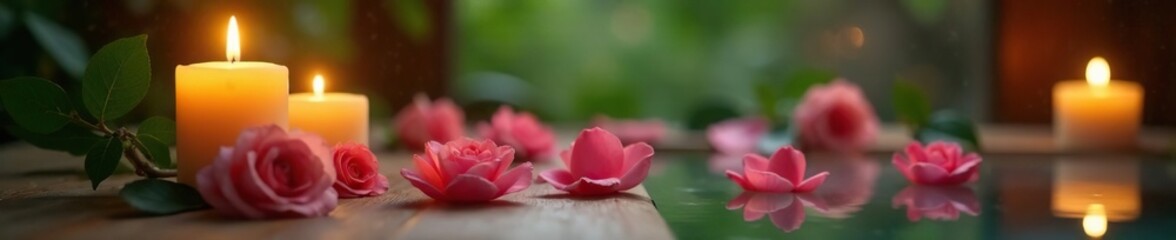 Soft candlelight illuminates a bathroom with rose petals and greenery, nature, calmness, relaxation