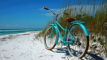 Obraz premium Turquoise bicycle parked on a white sandy beach with ocean backdrop