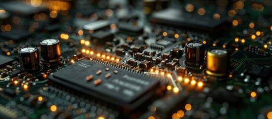 Obraz premium Close-up of a circuit board with glowing lights and components.