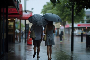 Walking umbrellas during a summer rain shower with motion blur