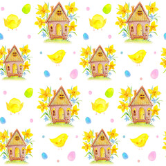 Easter Chicken House watercolor seamless pattern. Transparent background. PNG.