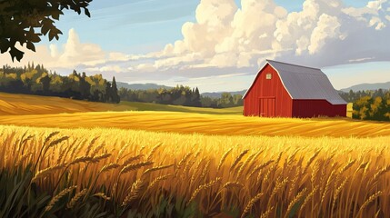 A beautiful rural landscape with a red barn next to fields of wheat, depicting a peaceful and idyllic scenery of farmland.