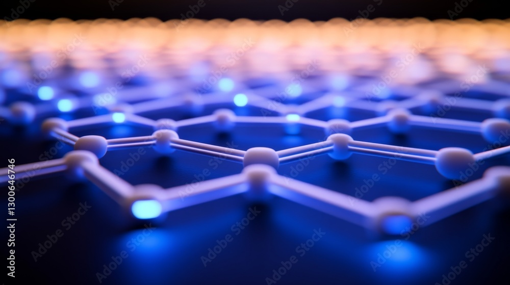 Aufkleber Interlocking geometric shapes illuminated in neon blue highlight scientific innovation, creating a visually striking composition with ample copy space on the left