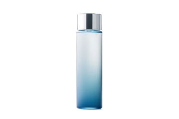 Isolated transparent background product shot of a cylindrical blue and silver bottle likely for skincare or cosmetics. Soft gradient lighting