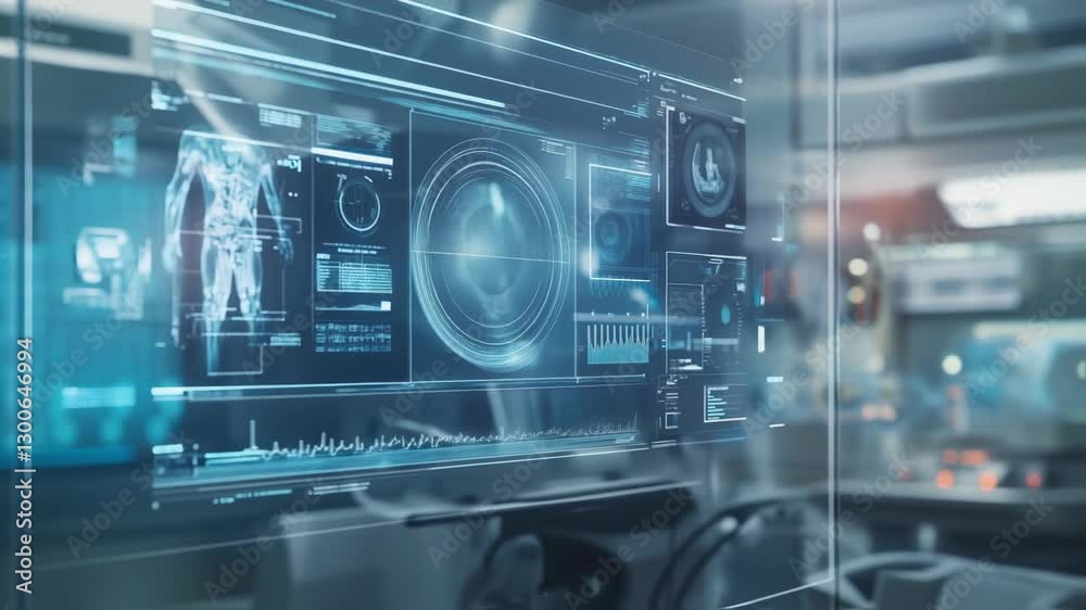 Poster digital interface displaying advanced medical body scan with intricate data visualization across blu