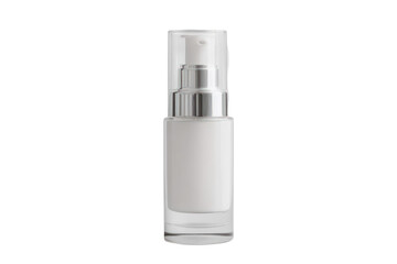 Isolated cosmetic bottle with dispenser pump on transparent background. Shiny metallic and white product container for skincare. Vertical studio shot