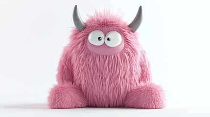 Fototapeta premium Pink fluffy cartoon character monster isolated on white background with horns, 3D render illustration imitation, suitable for children's toys or fantasy-themed designs.