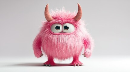 Fototapeta premium Pink fluffy cartoon character monster isolated on white background with horns, 3D render illustration imitation, suitable for children's toys or fantasy-themed designs.