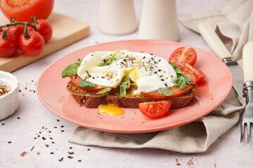 Plate of tasty sandwich with egg on light background