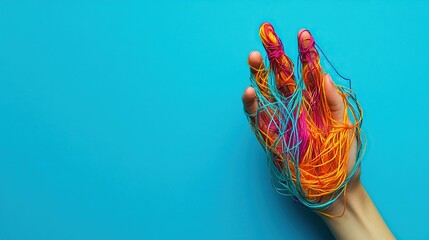 A human hand made of colorful tangled threads on a blue background with a banner for copy space. Concept of dexterity and motor skills development.