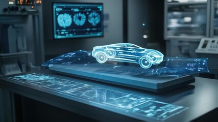 Automotive engineers use holographic technology to design and visualize a futuristic car model, showcasing the innovative use of augmented reality in the automotive industry - Powered by Adobe