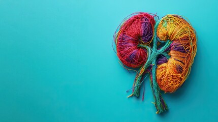 Naklejka premium A human kidney made of colorful tangled threads on a blue background with a banner for copy space. Concept of kidney health and filtration systems.