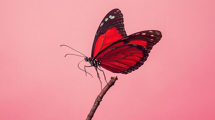Red butterfly perched on a twig against a pink backdrop