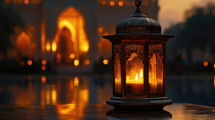 Naklejka premium Stunning Close-Up of an Arabic Lantern with Candlelight at Night, Positioned in Front of a Mosque, Radiating the Festive Atmosphere of Ramadan Kareem