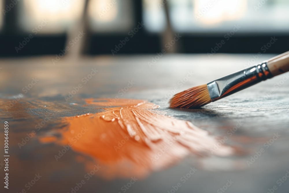 Fototapete Close-up of a colorful artist's palette with fresh paint blobs and a paintbrush resting diagonally, showcasing textures and shadows in a bright studio