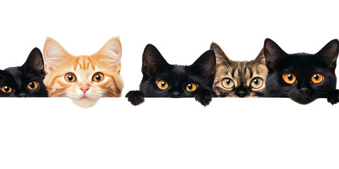 Spying cats and black cats peeking from top isolated on white or transparent background
