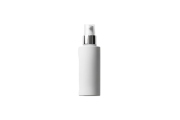 Isolated white cosmetic spray bottle on transparent background with silver metallic details
