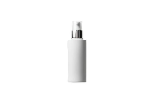 Isolated white cosmetic spray bottle on transparent background with silver metallic details