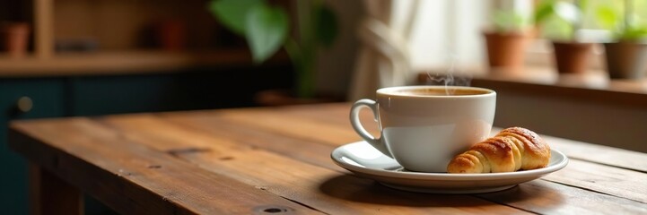 Fototapeta premium Cozy wooden table with steaming cup coffee and pastries, colors, light, breakfast