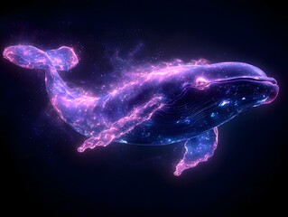 Naklejka premium Serene Neon Whale Gliding Through the Infinite Black Void with Soft Bioluminescent Glow