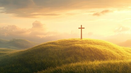 Obraz premium A solitary cross stands tall on a gentle grassy hill, bathed in radiant golden light at sunrise, evoking a serene and tranquil atmosphere.