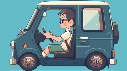 A young boy joyfully driving a small blue car against a vibrant background, showcasing adventure and fun