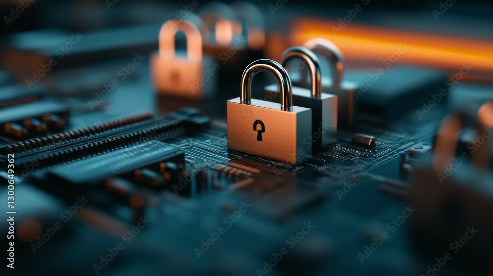 Fototapete Padlocks and bright digital icons represent themes of security and data protection, arranged for a clear presentation with copy space on the right