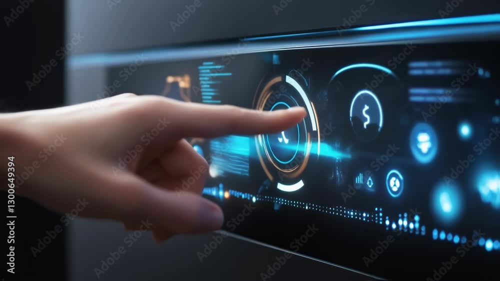 Poster woman interacting with a futuristic touchscreen interface displaying various animated graphics and i