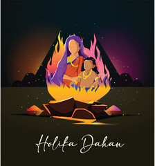 This image portrays the symbolic Holika Dahan ceremony, representing the power of faith and positivity during the Holi festival. The mother and child sitting near the fire reflect the nurturing aspect