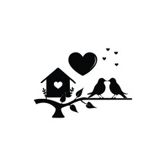two birds on a branch with love icon.Valentines Day icon set vector illustration.