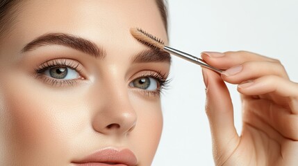 Fototapeta premium Woman brushing her eyebrows with spoolie, highlighting personal grooming and natural beauty care against white studio background. Concept of beauty, fashion, appearance, self care.