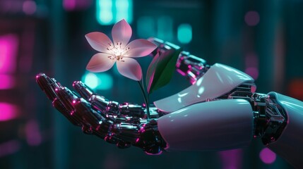 A robotic hand gently cradles a delicate flower, a juxtaposition of technology and nature.