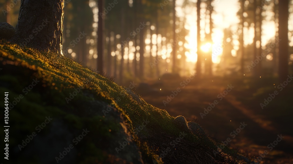 Poster moss-covered stones glisten under warm golden sunlight, with hints of trees creating a soft bokeh ef