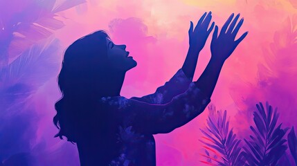 A woman raises her hands to worship and praise god against a purple and pink background, Christian illustration