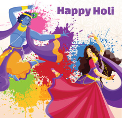 Hindu Mythology Lord Krishna and Goddess Radha Performing Dance on Splashing Colors Background For Happy Holi Celebration Concept.